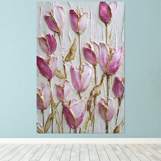 Pink and White Tulips with Gold Texture Abstract   キャンバスプリント (インサイチュ (ウッドフロア))