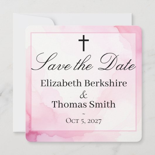Pink and White Watercolor Catholic Wedding セーブザデート (正面)