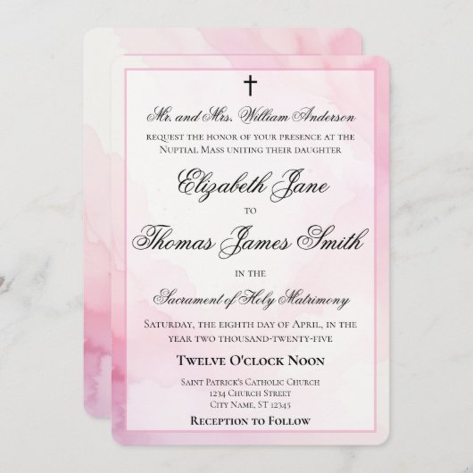 Pink and White Watercolor Catholic Wedding 招待状 (正面/裏面)