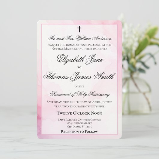 Pink and White Watercolor Catholic Wedding 招待状 (スタンド正面)