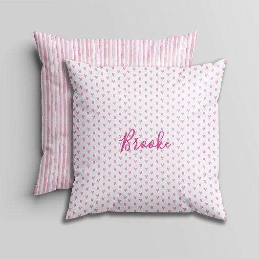 Pink and White Watercolor Stripes Hearts & Rainbow クッション