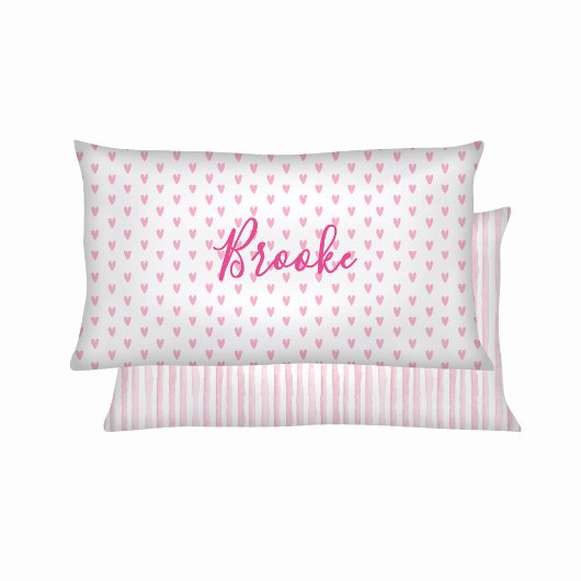 Pink and White Watercolor Stripes Hearts & Rainbow 枕カバー