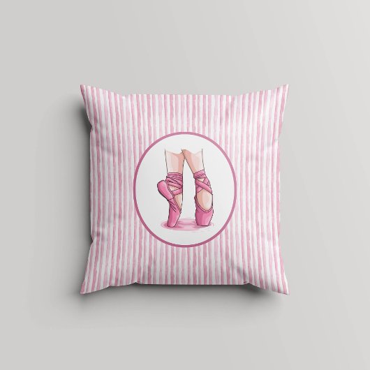 Pink and White Watercolor Stripes w Pointe Shoes クッション