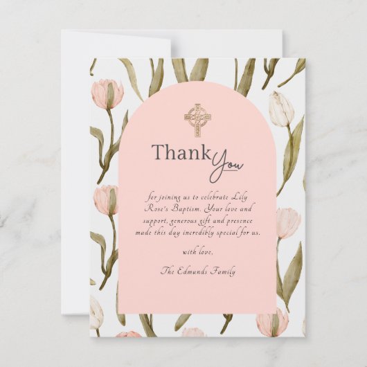 Pink and White Watercolor Tulips Baptism  サンキューカード (正面)
