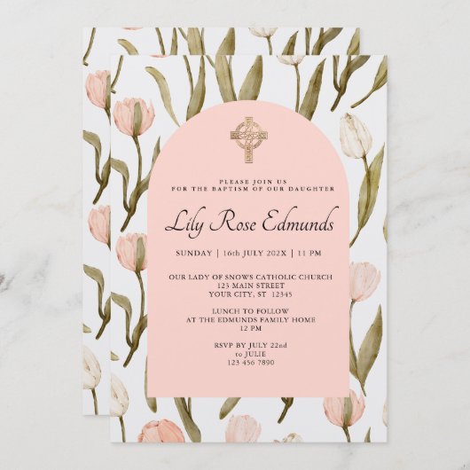 Pink and White Watercolor Tulips Baptism Invitatio 招待状 (正面/裏面)
