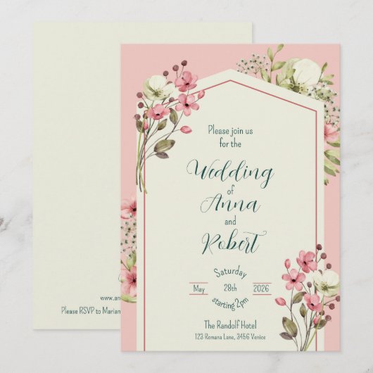 Pink And White Wildflowers Geometric Wedding 招待状 (正面/裏面)