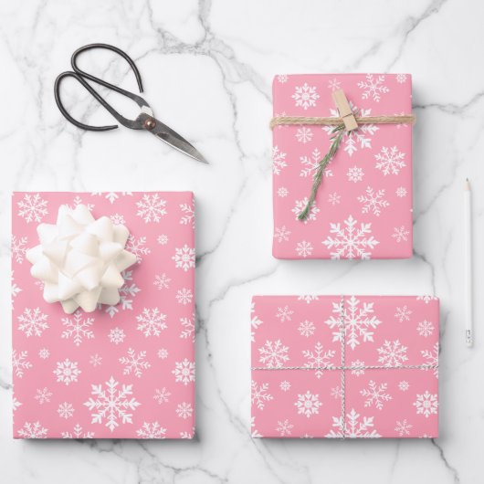 Pink And White Winter Snowflakes Pattern ラッピングペーパーシート (正面)