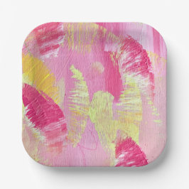Pink and Yellow Abstract Art Paper Plate ペーパープレート