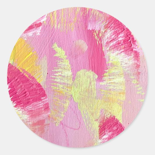 Pink and Yellow Abstract Art Sticker ラウンドシール (正面)