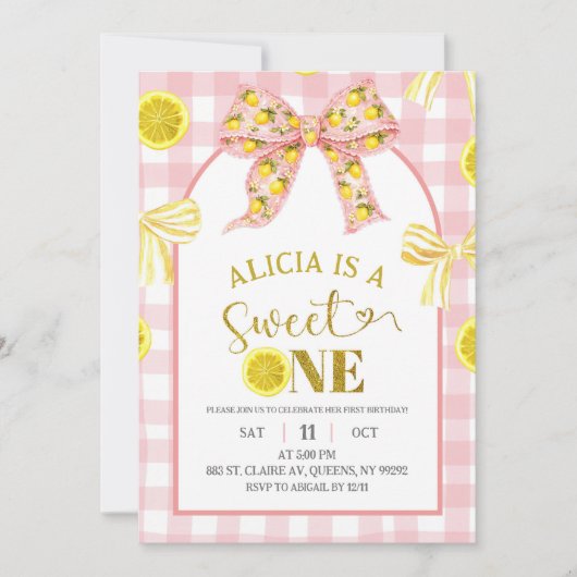 Pink and Yellow Bow Sweet One Lemon Birthday Invit 招待状 (正面)