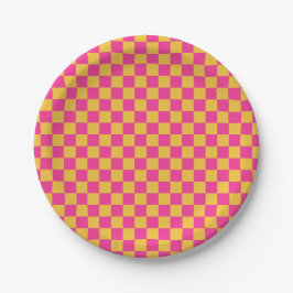 Pink and Yellow Checkerboard ペーパープレート