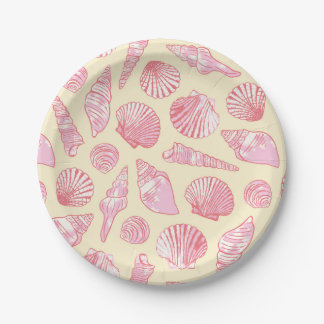 Pink and Yellow Coastal Painted Seashells ペーパープレート