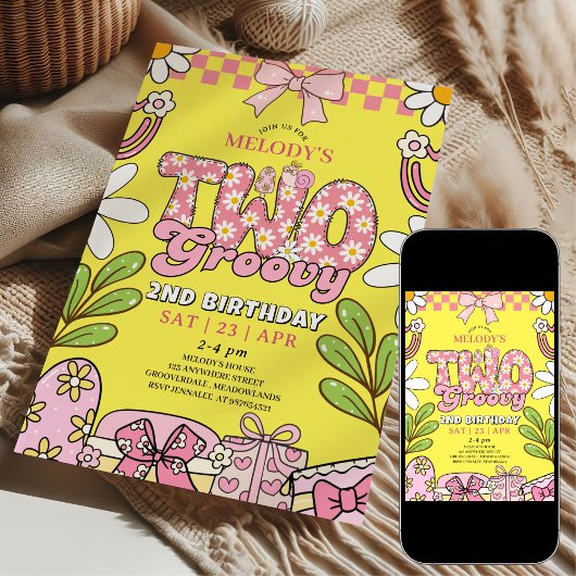 Pink and Yellow Daisy 2nd Birthday Retro Birthday 招待状