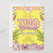 Pink and Yellow Daisy 2nd Birthday Retro Birthday 招待状 (正面)