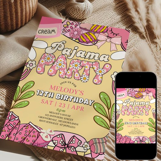 Pink and Yellow Daisy Pajama Party Birthday  招待状