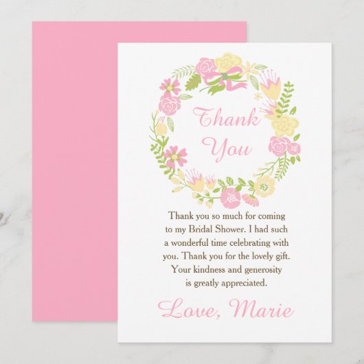 Pink and Yellow Floral Wreath Bridal Shower サンキューカード (正面/裏面)