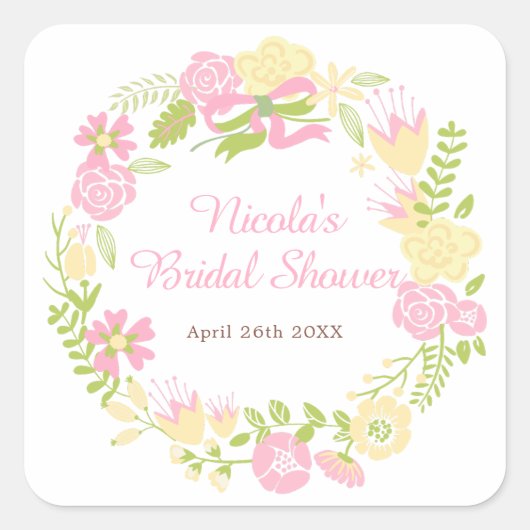 Pink and Yellow Floral Wreath Bridal Shower スクエアシール (正面)