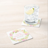 Pink and Yellow Floral Wreath Bridal Shower スクエアペーパーコースター (インサイチュ)