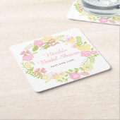Pink and Yellow Floral Wreath Bridal Shower スクエアペーパーコースター (アングル)