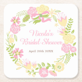 Pink and Yellow Floral Wreath Bridal Shower スクエアペーパーコースター