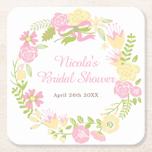 Pink and Yellow Floral Wreath Bridal Shower スクエアペーパーコースター (正面)