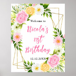 Pink and Yellow Flower Birthday Welcome ポスター