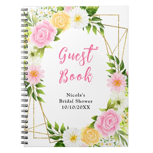 Pink and Yellow Flowers Bridal Shower Guest Book ノートブック (正面)