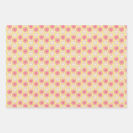 pink and yellow retro flower ラッピングペーパーシート