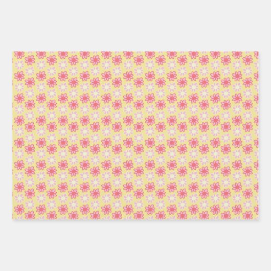 pink and yellow retro flower ラッピングペーパーシート (正面)