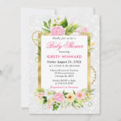 Pink and Yellow Summer Flowers Gold Baby Shower 招待状 (正面)