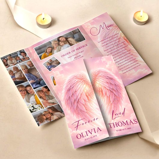 Pink Angel Wings Celebration Life Funeral Program チラシ
