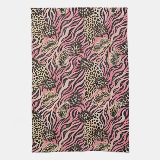 Pink Animal Print Fusion - Seamless Pattern キッチンタオル (縦)