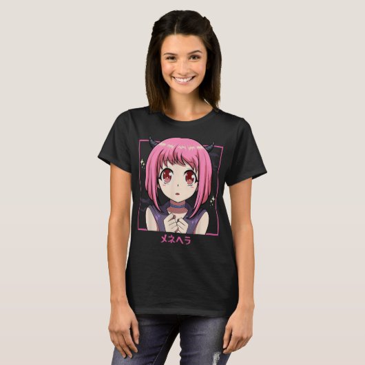 Pink Anime Girl Devil Aesthetic Tシャツ (正面フル)