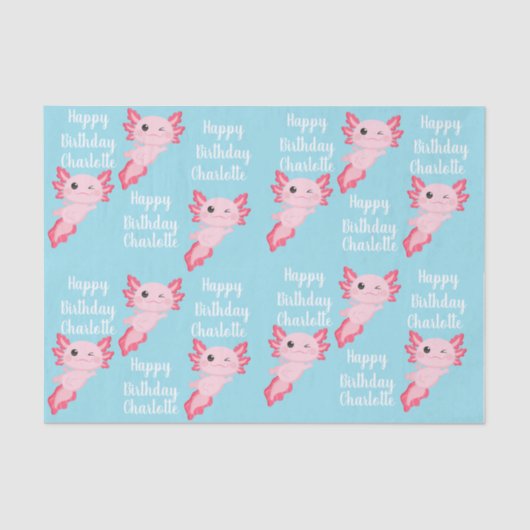 Pink Aqua Axolotl Girl Happy Birthday Name 薄葉紙 (正面)