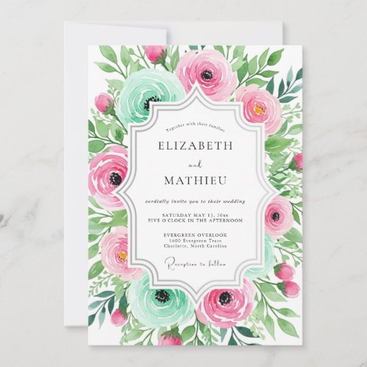 Pink Aqua Ethereal Floral Wedding 招待状 (正面)