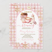 Pink Arch Gingham Baby Is Brewing Baby Shower 招待状 (正面/裏面)