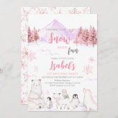 Pink Arctic Animals Birthday 招待状 (正面/裏面)