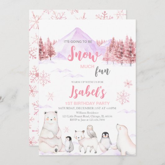 Pink Arctic Animals Birthday 招待状 (正面/裏面)