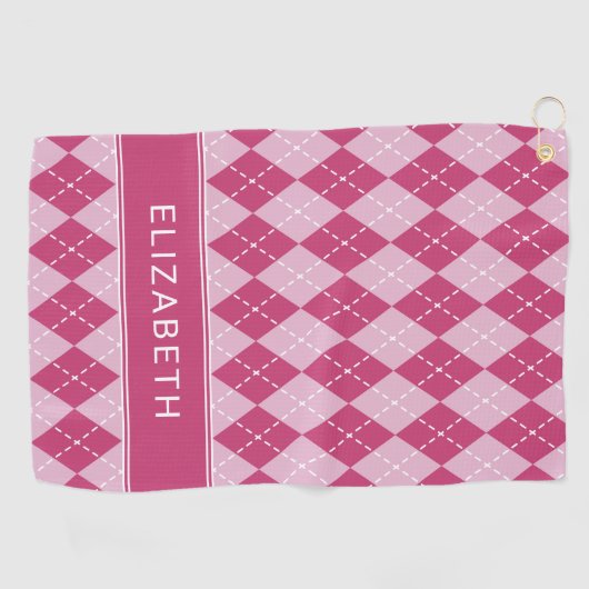 Pink Argyle Plaid Custom Name Monogram  ゴルフタオル (横)