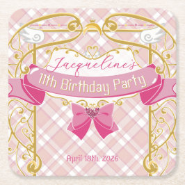 Pink Art Nouveau Princess Birthday スクエアペーパーコースター