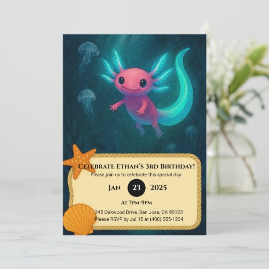 Pink Axolotl Among Jellyfish Birthday  招待状 (スタンド正面)