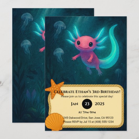 Pink Axolotl Among Jellyfish Birthday  招待状 (正面/裏面)