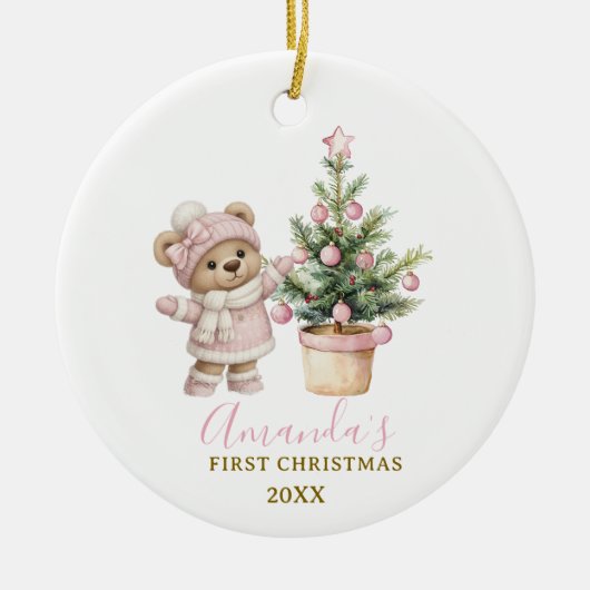 Pink Baby Bear First Christmas Keepsake セラミックオーナメント (正面)