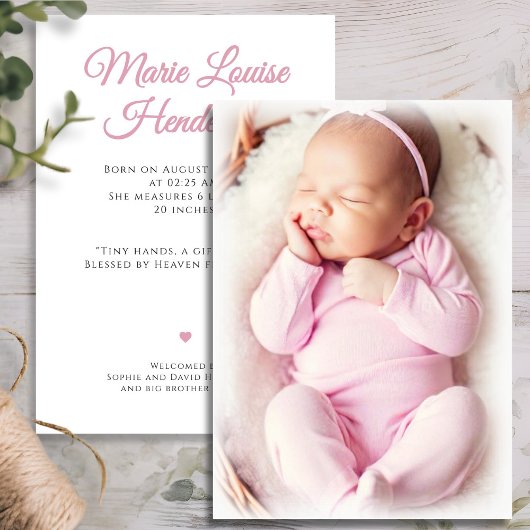 Pink Baby Girl Photo Birth Announcement Card 案内状