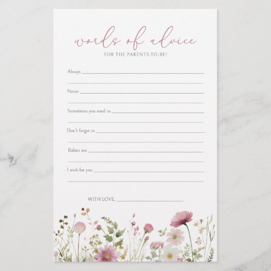 Pink Baby In Bloom Wildflower Baby Advice Card (正面)