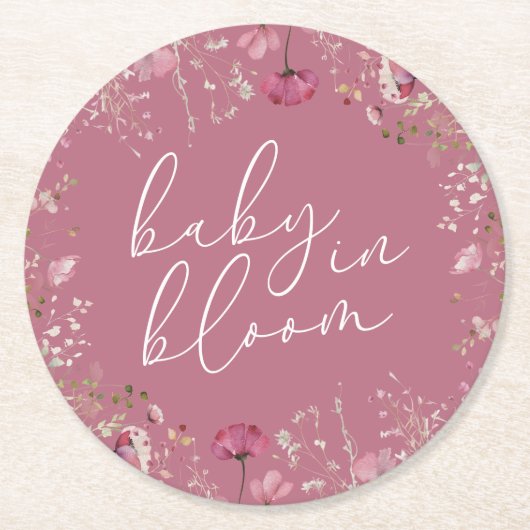 Pink Baby In Bloom Wildflower Baby Shower ラウンドペーパーコースター (正面)
