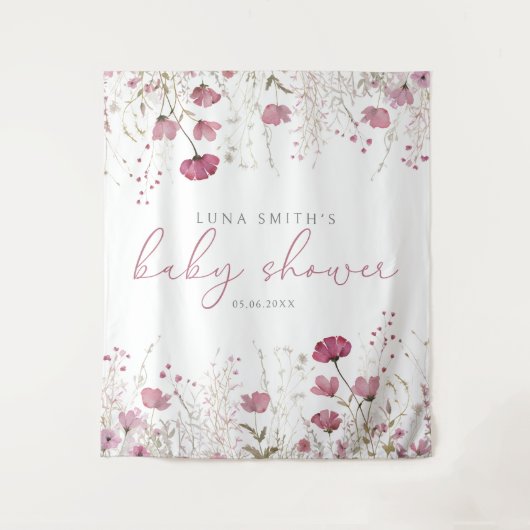 Pink Baby In Bloom Wildflower Baby Shower Backdrop タペストリー (正面)