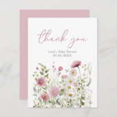 Pink Baby In Bloom Wildflower Baby Shower Flat サンキューカード (正面/裏面)