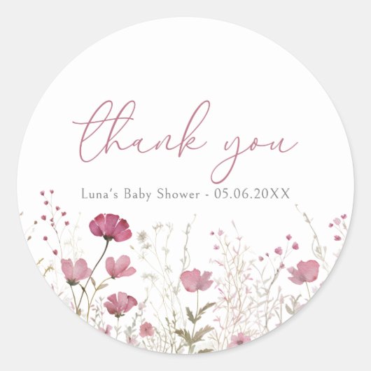 Pink Baby In Bloom Wildflower Shower Favor Sticker ラウンドシール (正面)