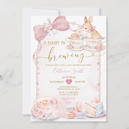 Pink Baby Is Brewing Bunny Tea Party Baby Shower 招待状 (正面)